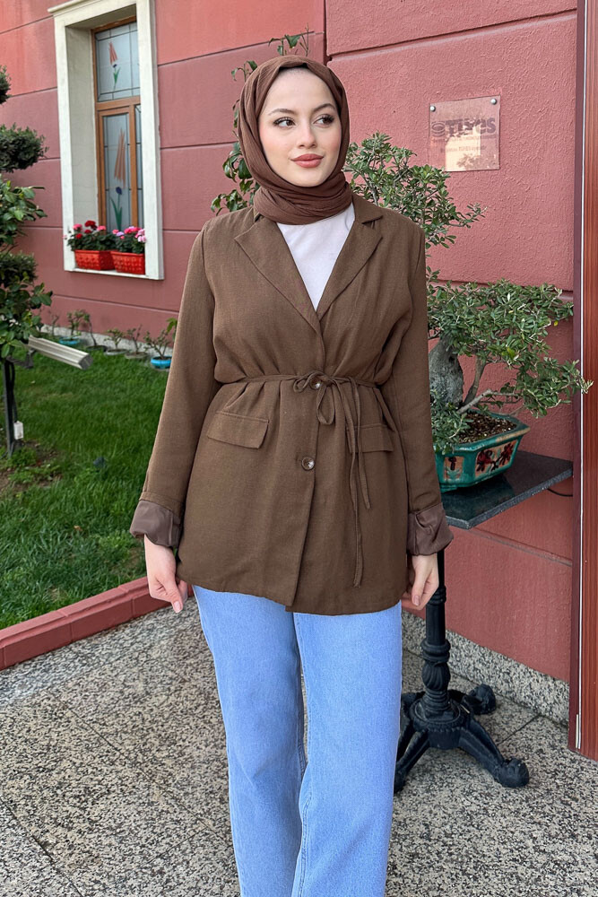 Keten Astarlı Blazer - Kahverengi - 3