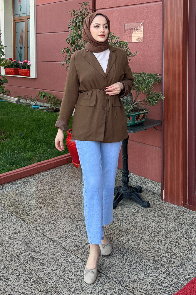Keten Astarlı Blazer - Kahverengi - 4