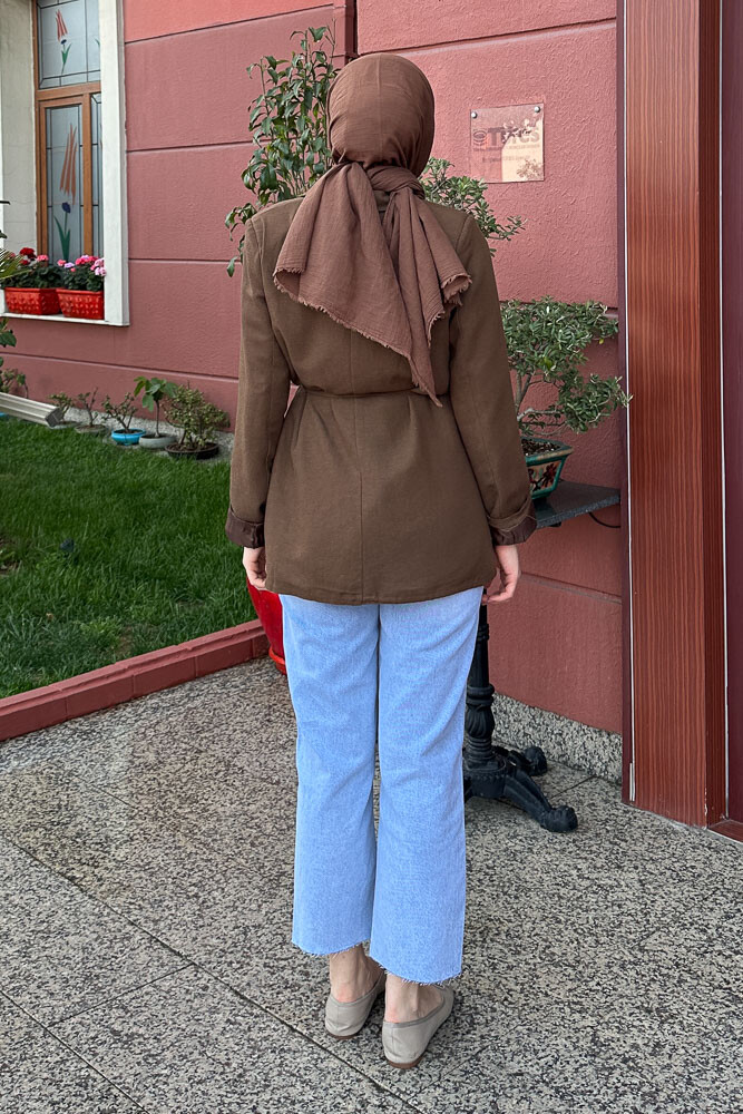 Keten Astarlı Blazer - Kahverengi - 7