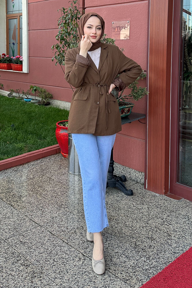 Keten Astarlı Blazer - Kahverengi - 1