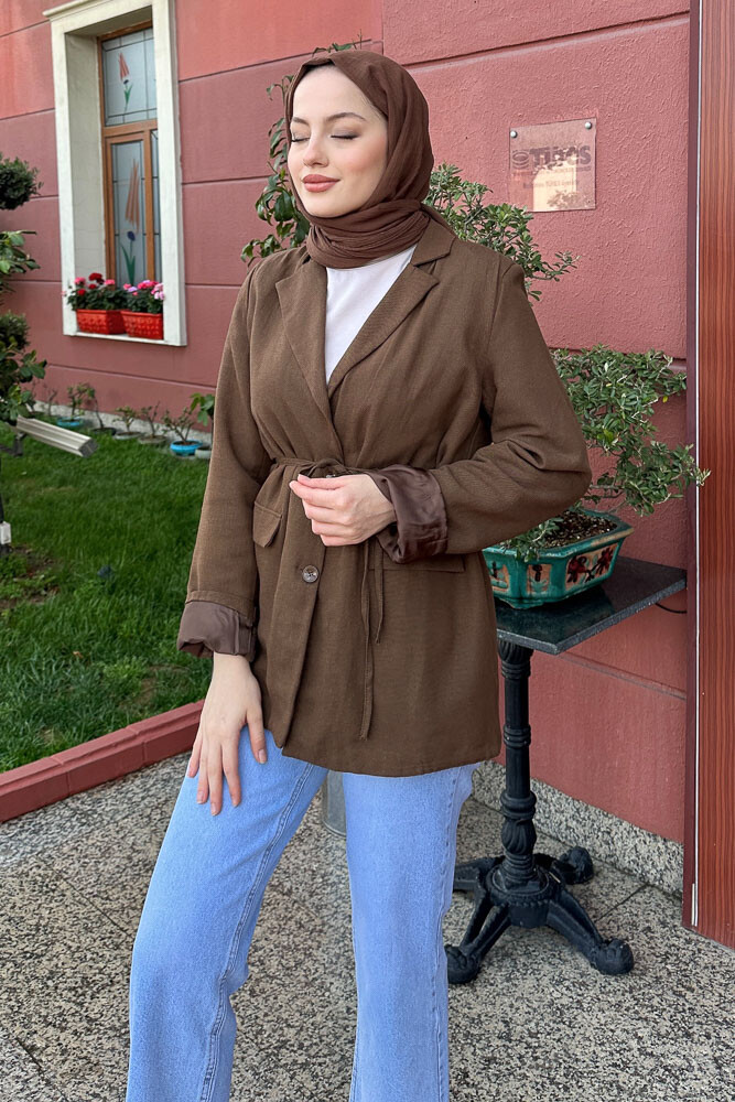 Keten Astarlı Blazer - Kahverengi - 2