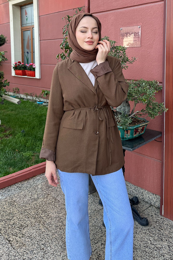 Keten Astarlı Blazer - Kahverengi - 8