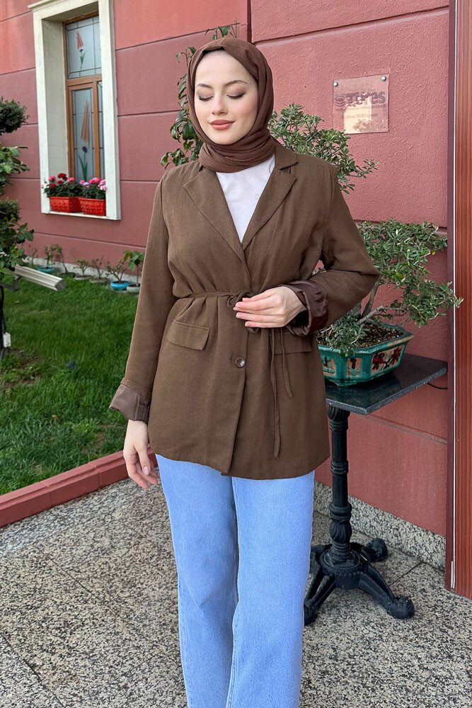 Keten Astarlı Blazer - Kahverengi - 5
