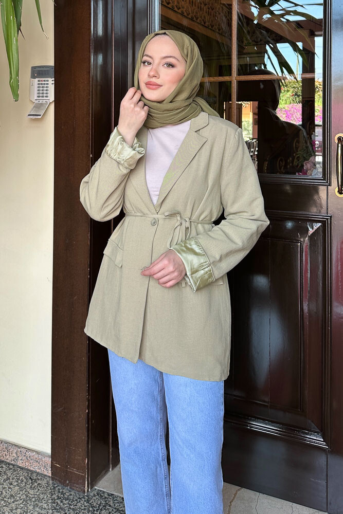Keten Astarlı Blazer - Yağ Yeşili - 5