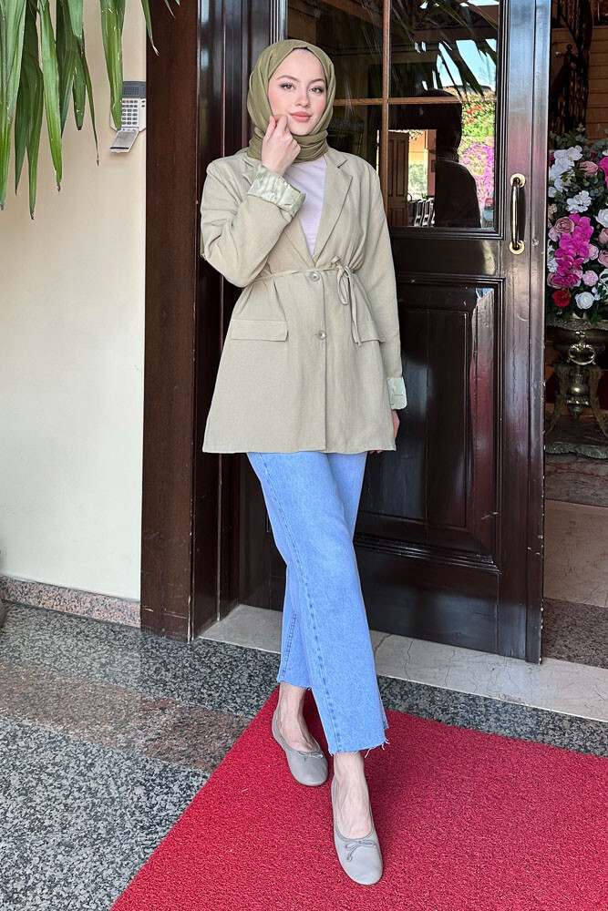 Keten Astarlı Blazer - Yağ Yeşili - 2