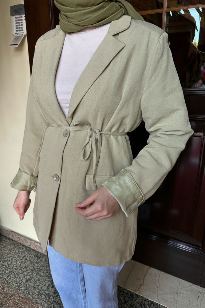 Keten Astarlı Blazer - Yağ Yeşili - 4