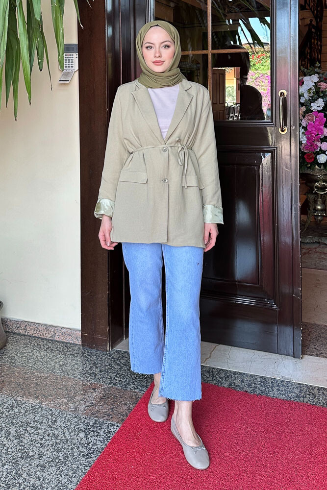 Keten Astarlı Blazer - Yağ Yeşili - 6