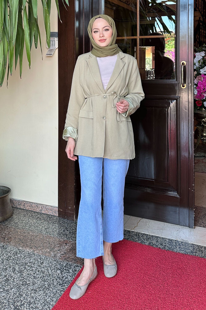 Keten Astarlı Blazer - Yağ Yeşili - 3