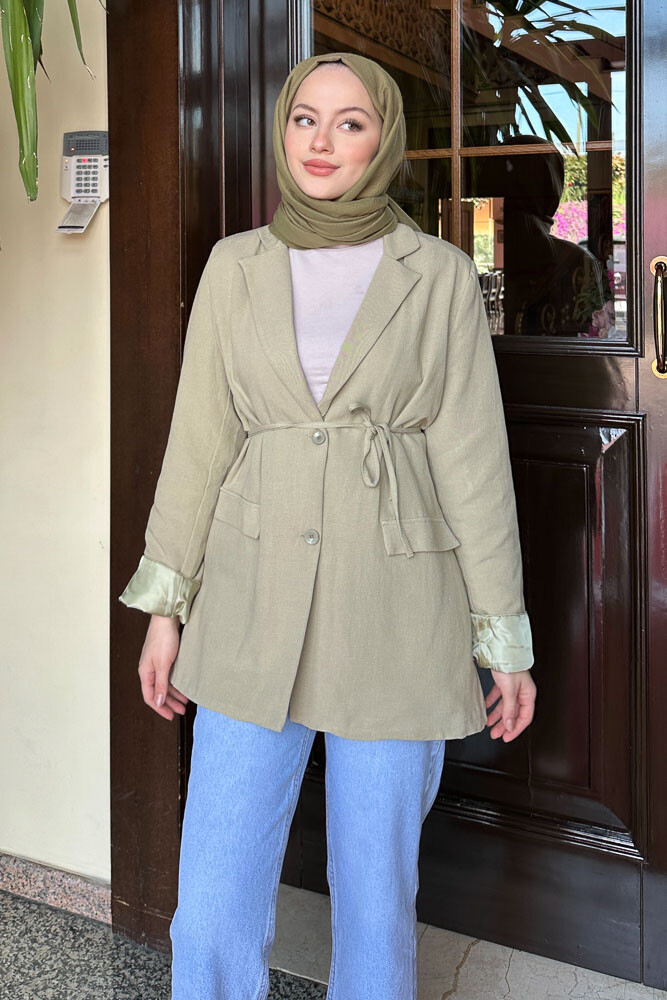 Keten Astarlı Blazer - Yağ Yeşili 