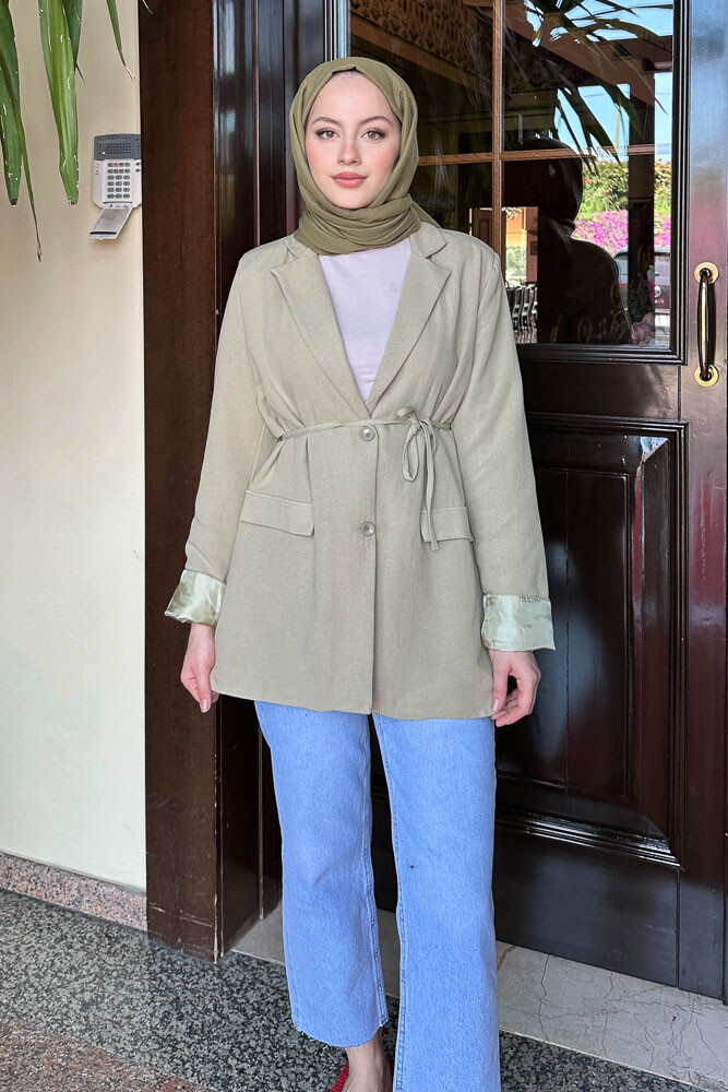 Keten Astarlı Blazer - Yağ Yeşili - 7