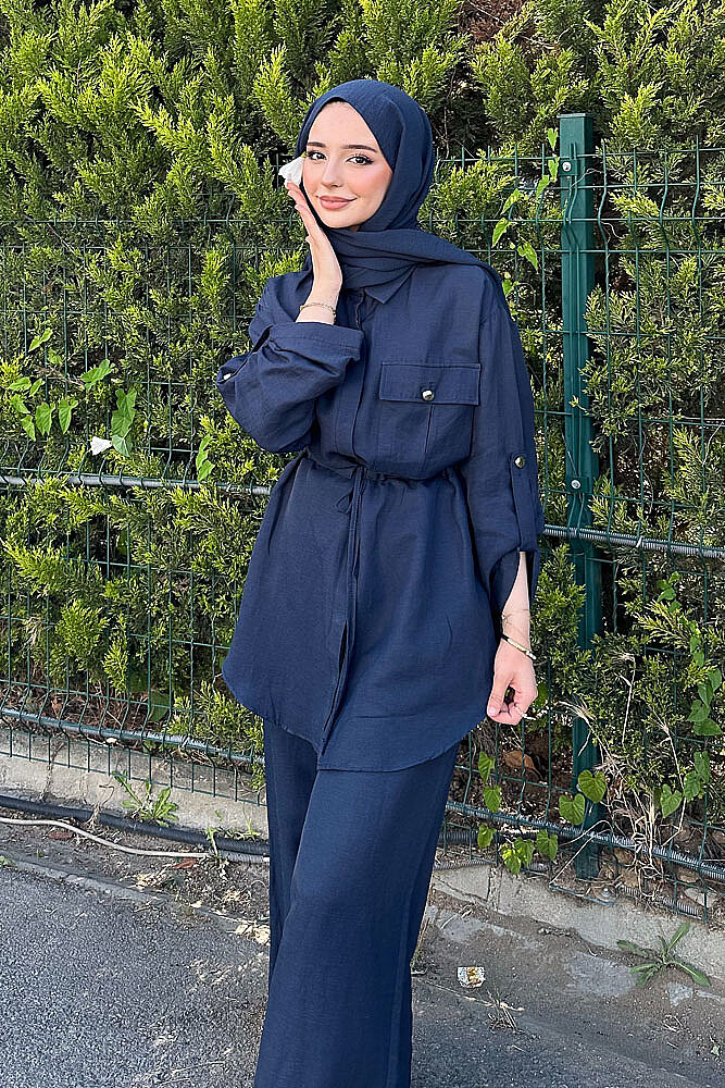 Keten Beli Büzgülü Pantolon Takım - Lacivert - 1