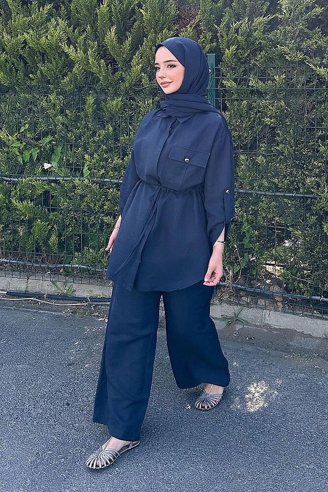 Keten Beli Büzgülü Pantolon Takım - Lacivert - PUANE (1)