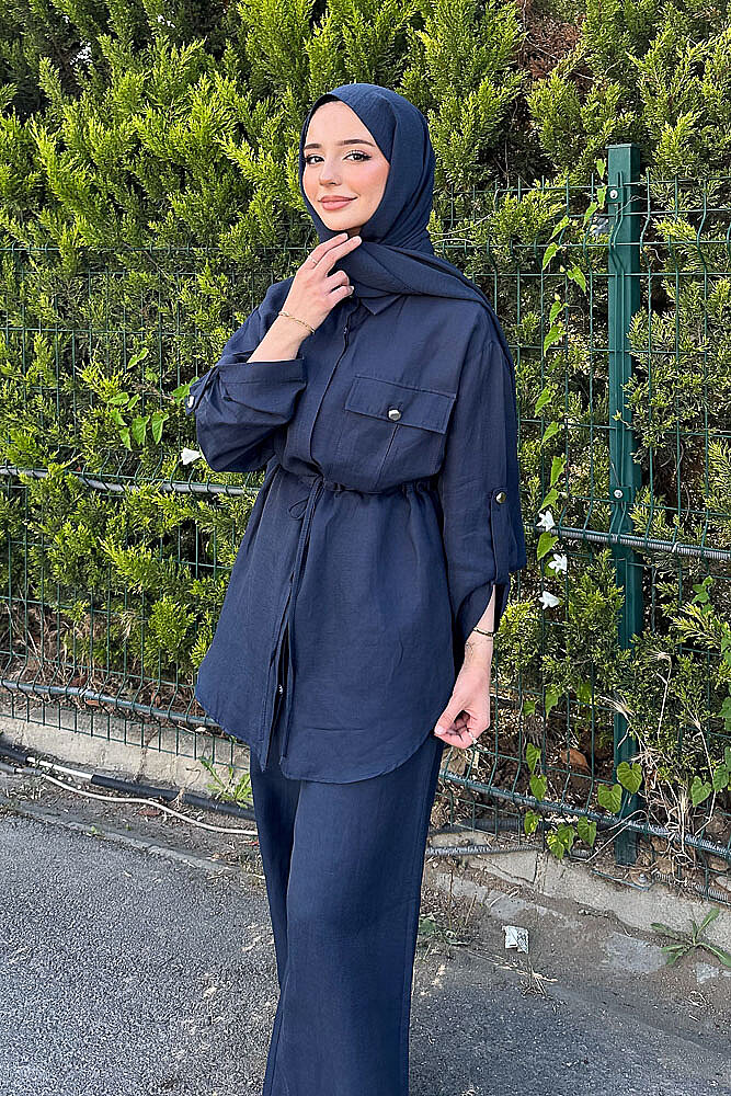 Keten Beli Büzgülü Pantolon Takım - Lacivert - 4