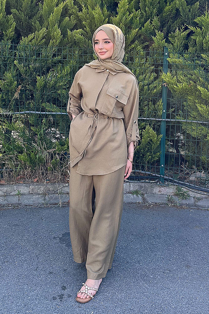 Keten Beli Büzgülü Pantolon Takım - Yağ Yeşili - 5