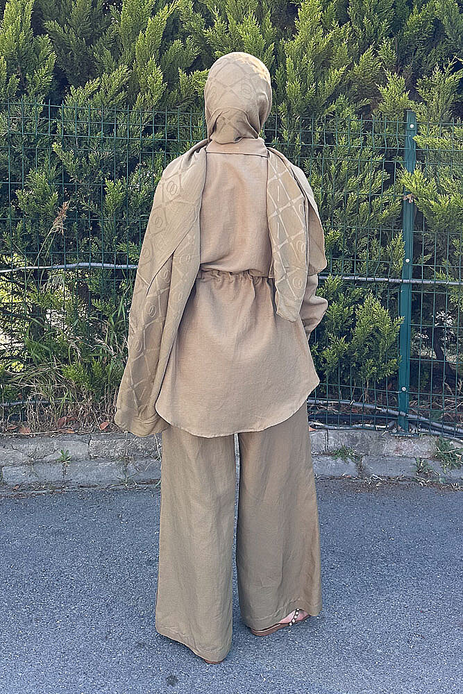 Keten Beli Büzgülü Pantolon Takım - Yağ Yeşili - 6