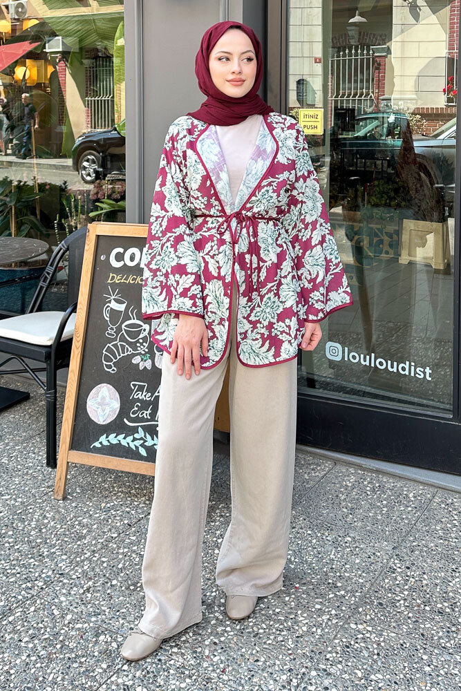 Keten Desenli Kimono - Bordo - 4