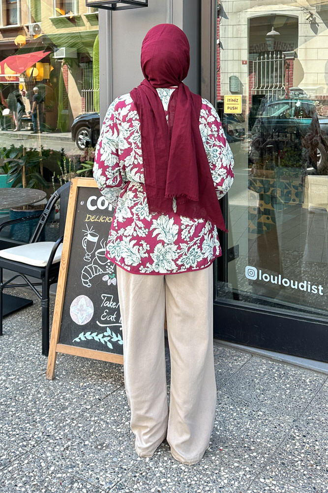 Keten Desenli Kimono - Bordo - 8