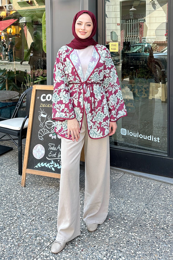 Keten Desenli Kimono - Bordo - 5