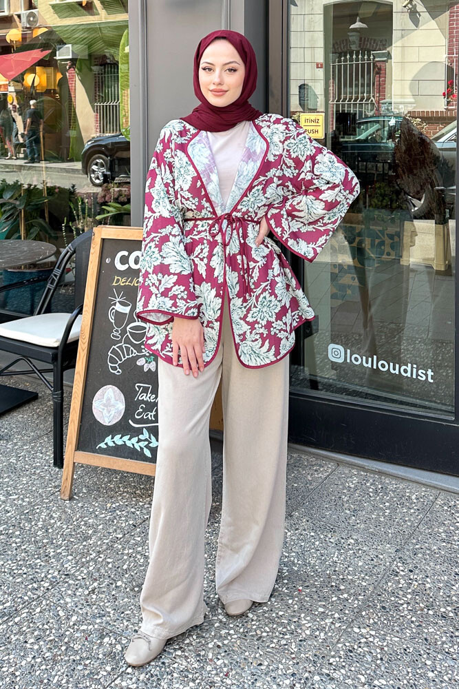 Keten Desenli Kimono - Bordo - 1