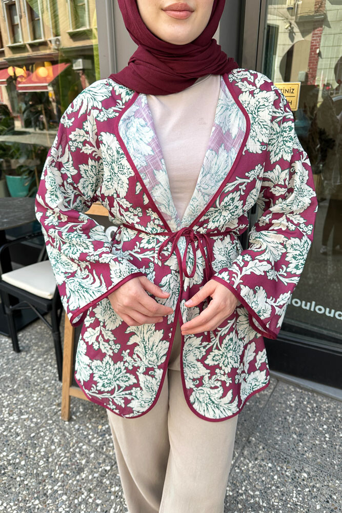 Keten Desenli Kimono - Bordo - 7