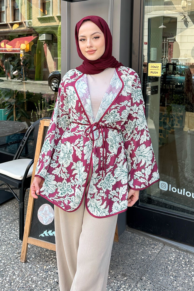 Keten Desenli Kimono - Bordo - 2