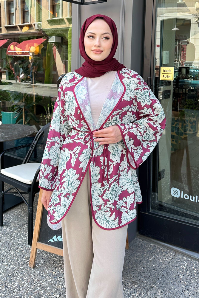 Keten Desenli Kimono - Bordo - 6