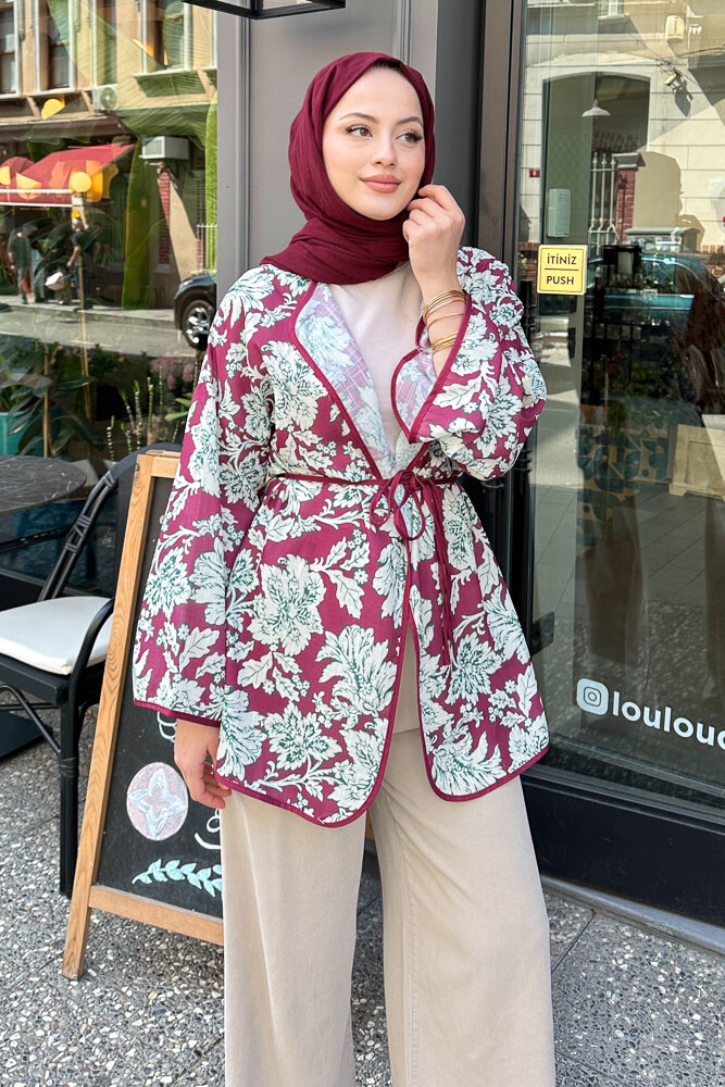 Keten Desenli Kimono - Bordo - 3