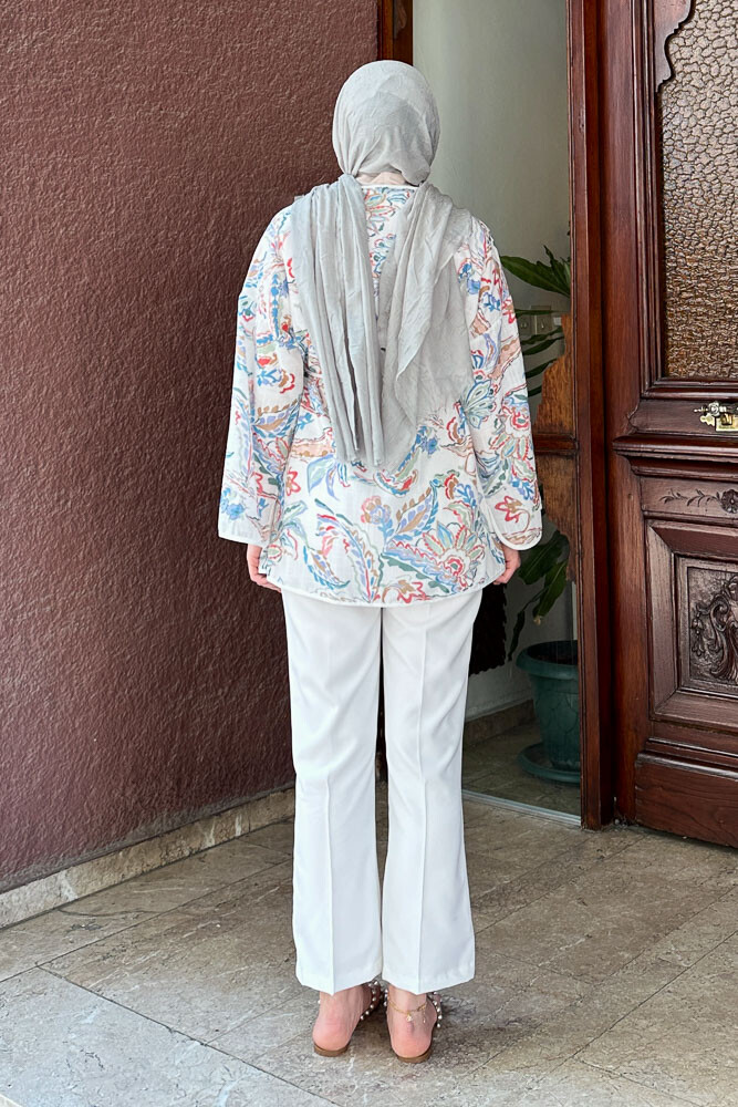 Keten Desenli Kimono - Ekru - 7