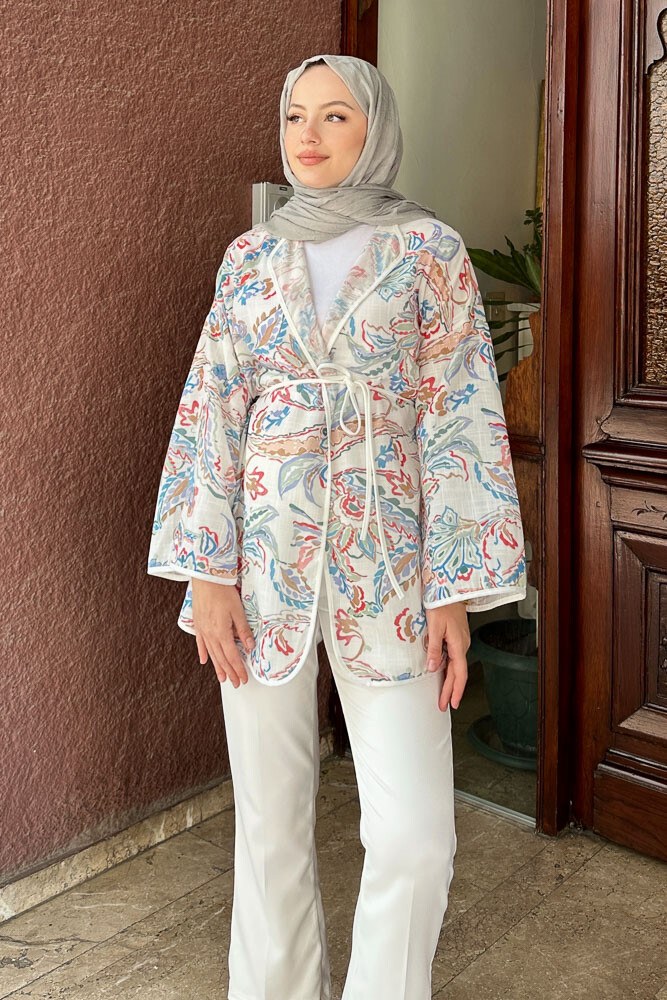 Keten Desenli Kimono - Ekru - 2