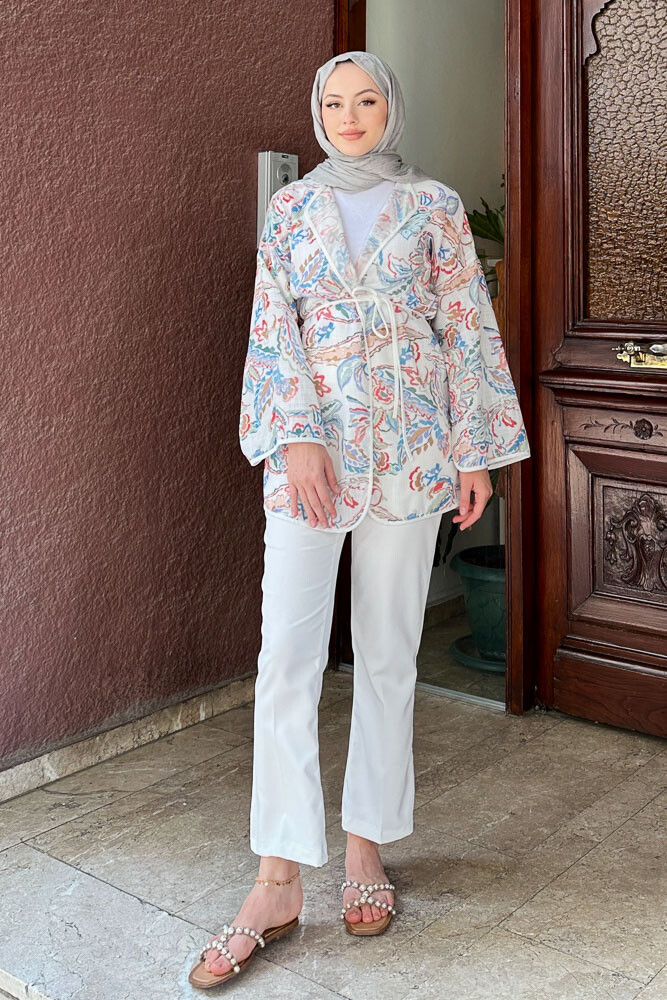 Keten Desenli Kimono - Ekru - 6