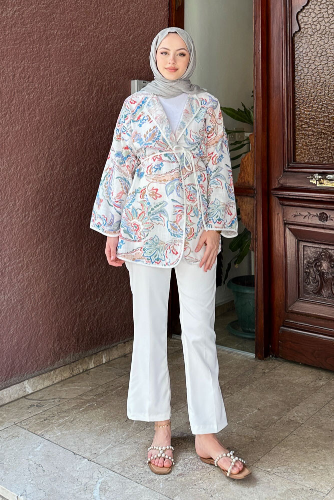Keten Desenli Kimono - Ekru - 8