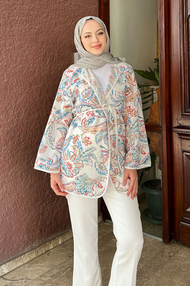 Keten Desenli Kimono - Ekru - 5