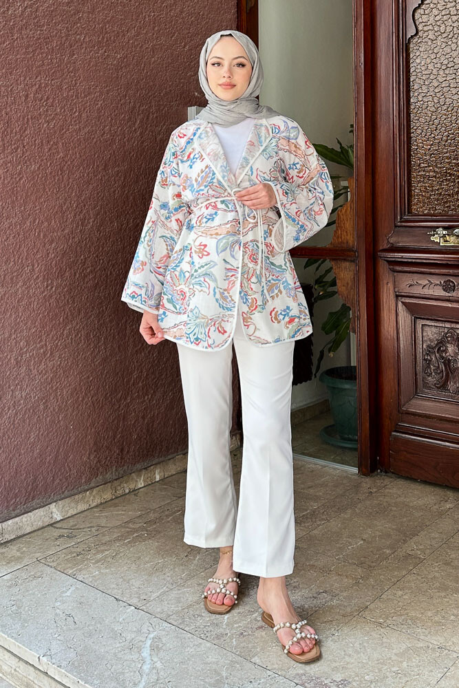 Keten Desenli Kimono - Ekru - 4