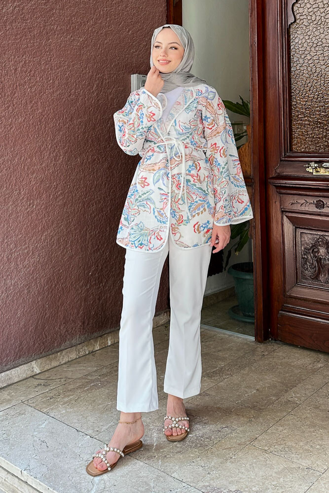 Keten Desenli Kimono - Ekru 