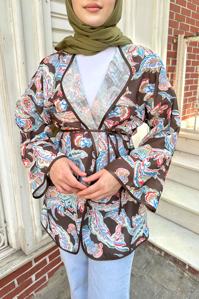 Keten Desenli Kimono - Kahverengi - 4