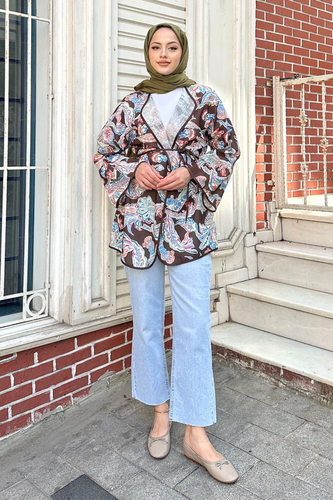 Keten Desenli Kimono - Kahverengi - 7