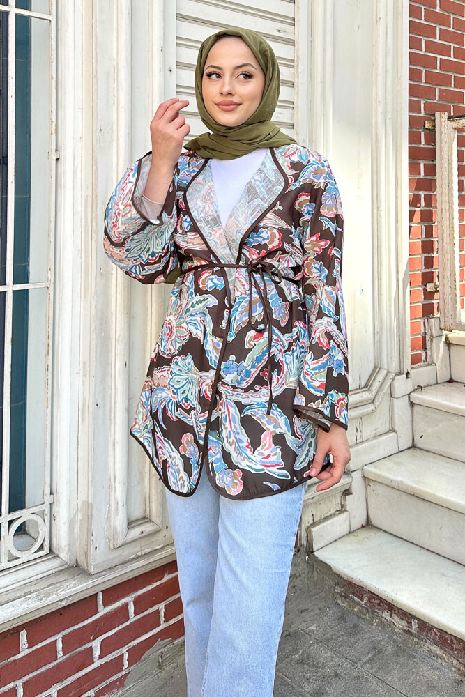 Keten Desenli Kimono - Kahverengi - 2