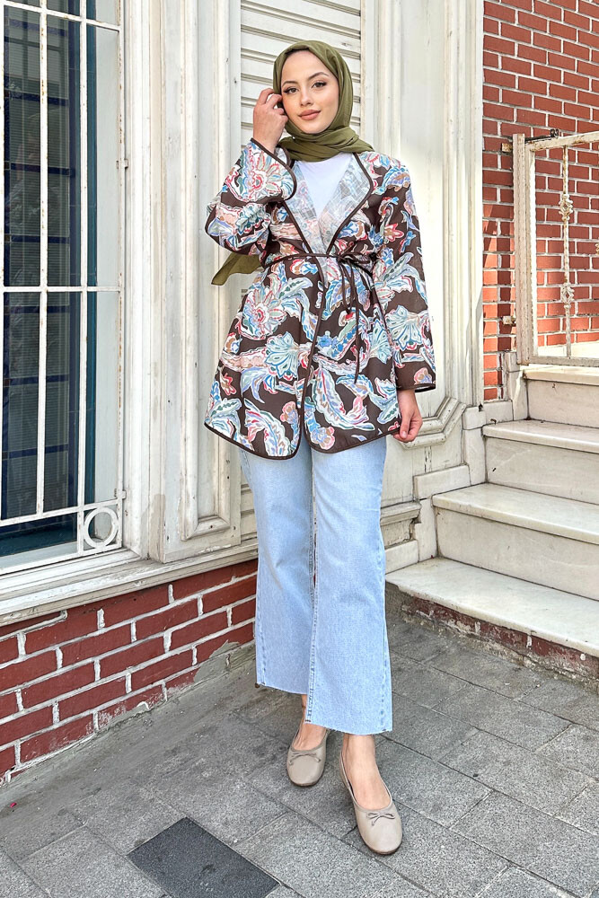 Keten Desenli Kimono - Kahverengi - 5
