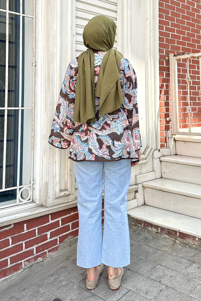 Keten Desenli Kimono - Kahverengi - 8