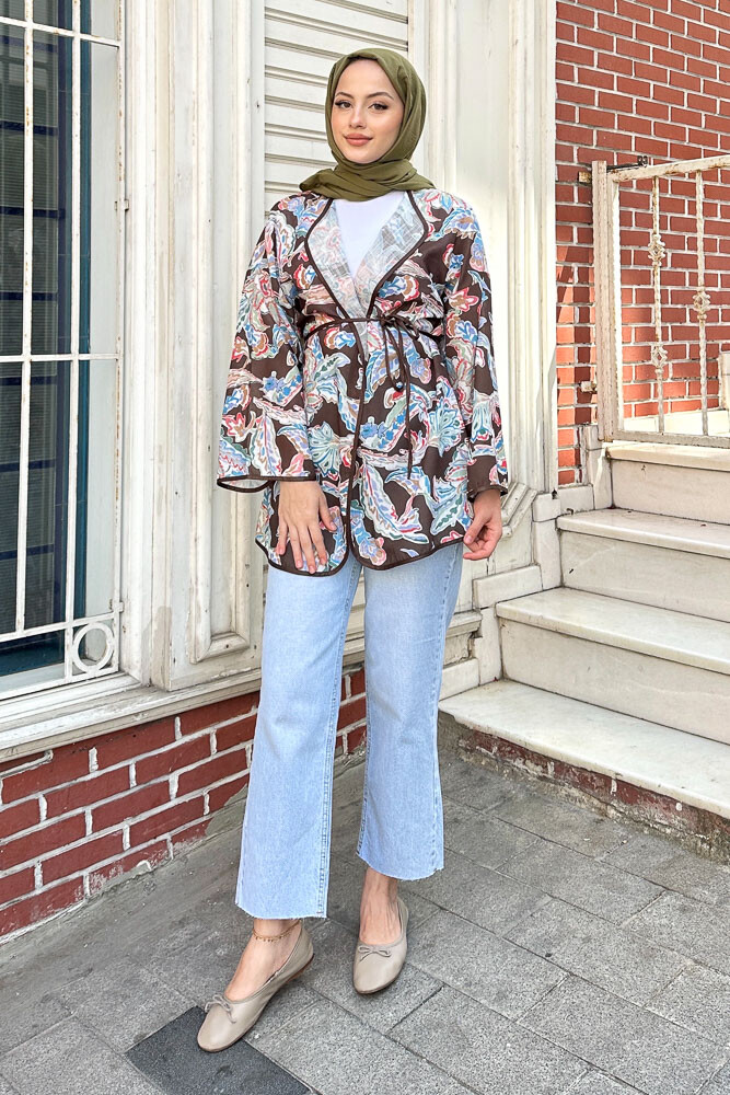 Keten Desenli Kimono - Kahverengi - 3