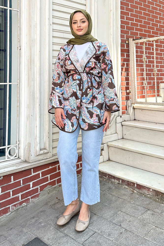 Keten Desenli Kimono - Kahverengi - 1