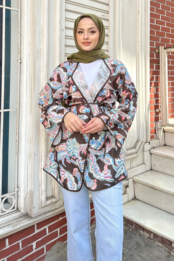 Keten Desenli Kimono - Kahverengi - 6