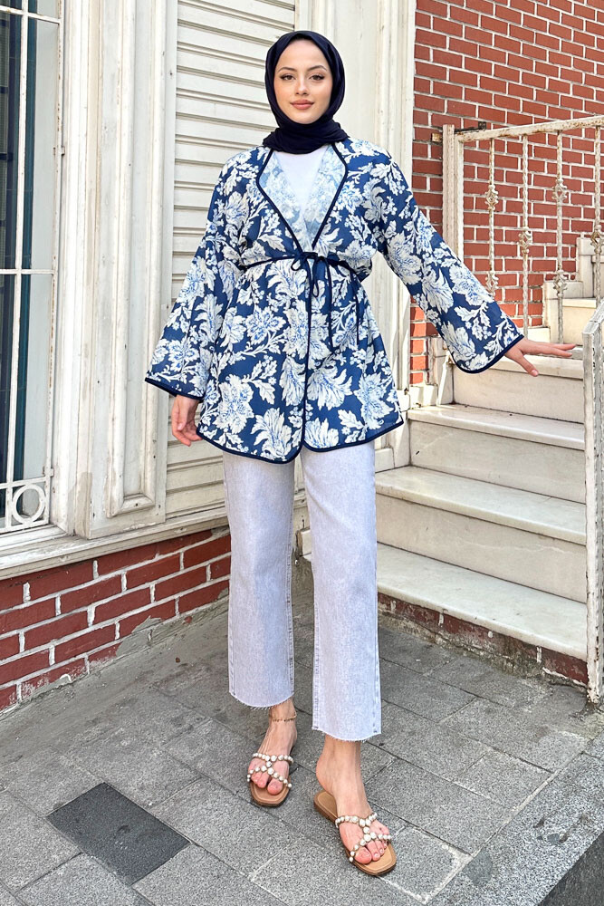 Keten Desenli Kimono - Lacivert - 6