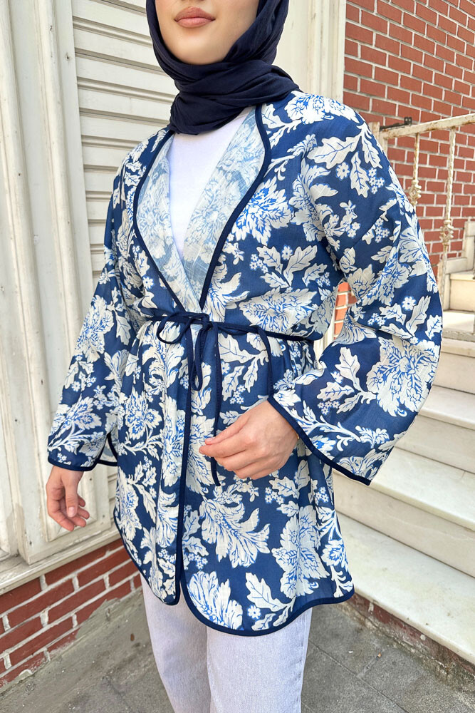 Keten Desenli Kimono - Lacivert - 5