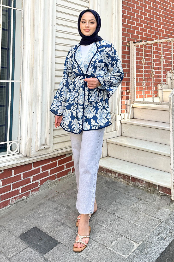 Keten Desenli Kimono - Lacivert - 1