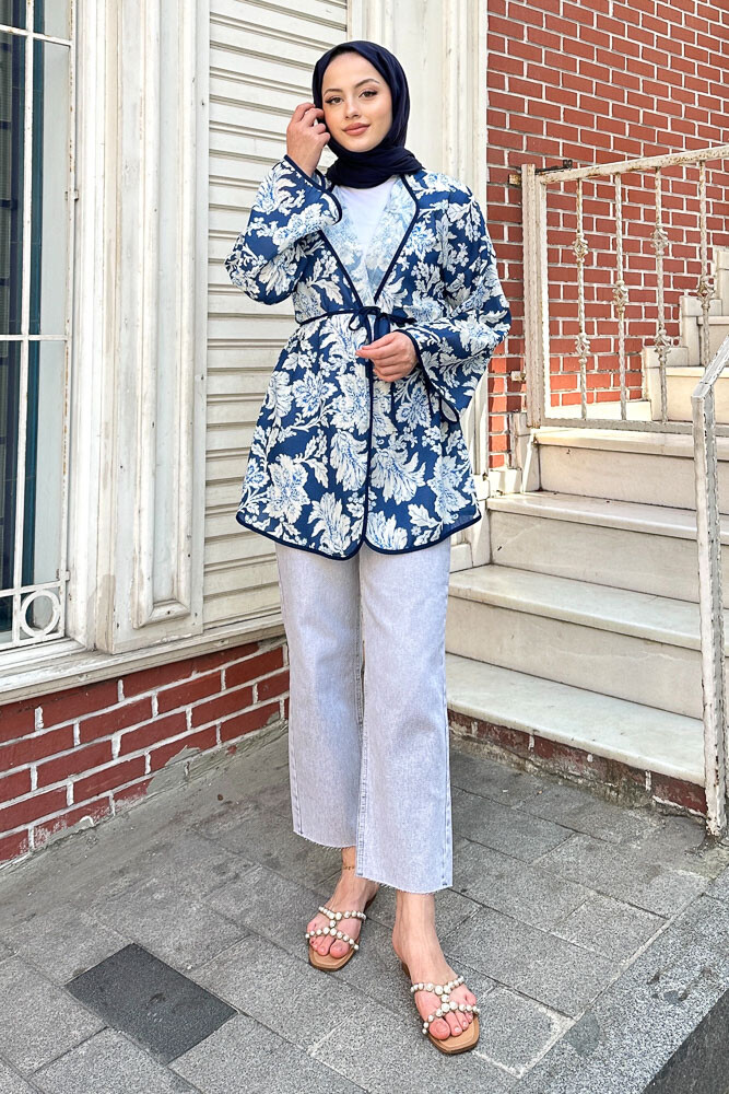 Keten Desenli Kimono - Lacivert - 7