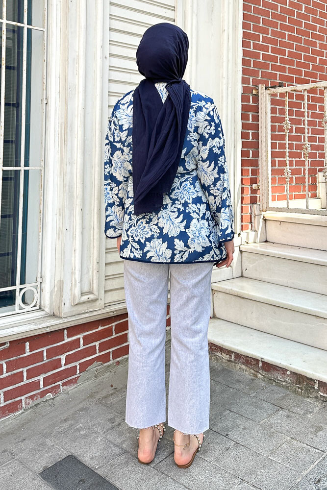 Keten Desenli Kimono - Lacivert - 8