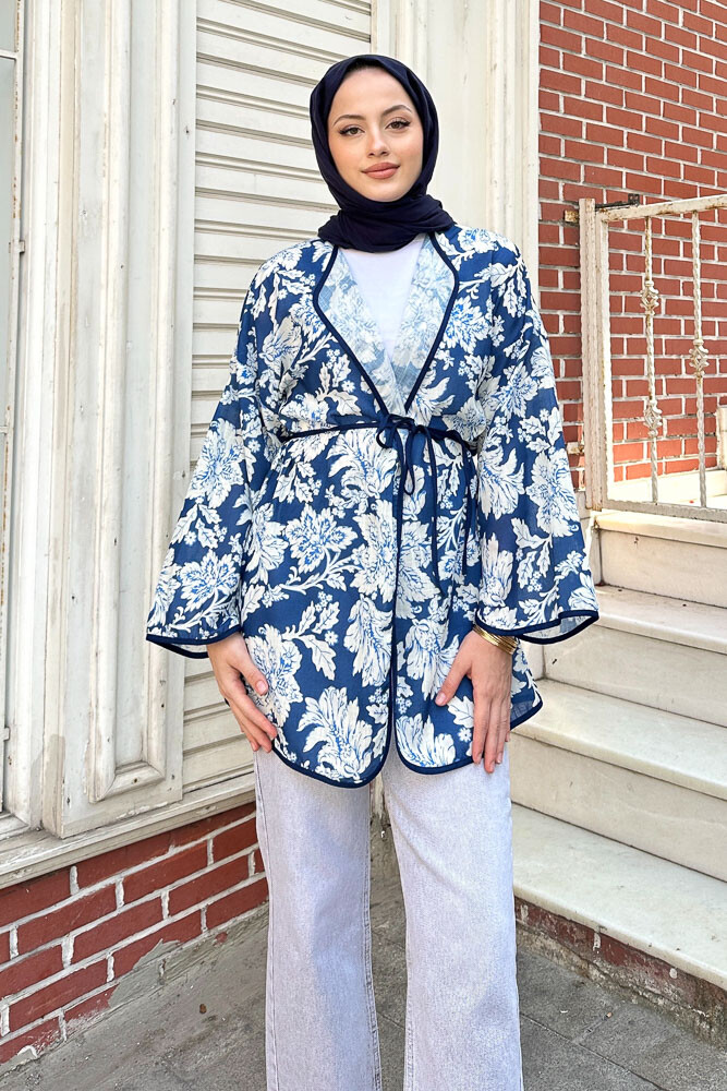 Keten Desenli Kimono - Lacivert - 2