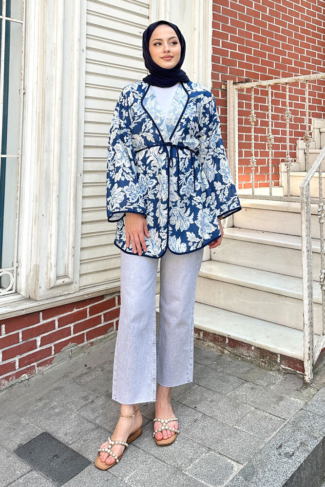 Keten Desenli Kimono - Lacivert - 3