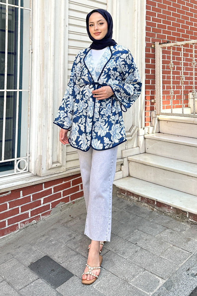 Keten Desenli Kimono - Lacivert - 4